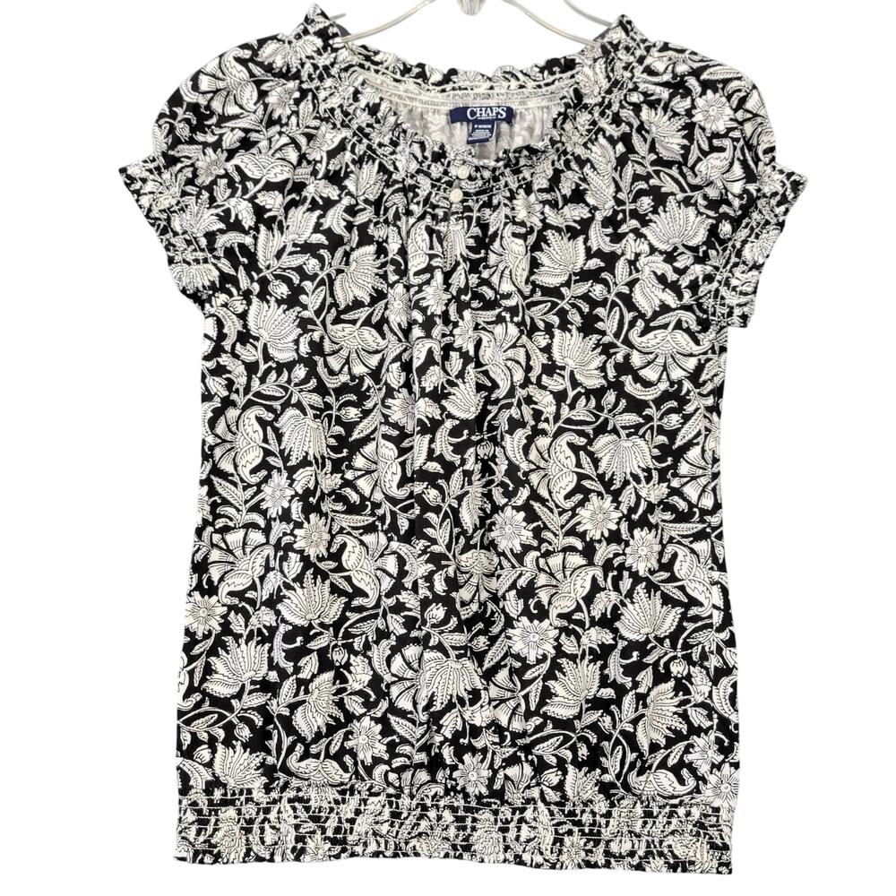 Chaps Black White Floral Shirt Short Cap Sleeves Elastic Waist Women's M Petite